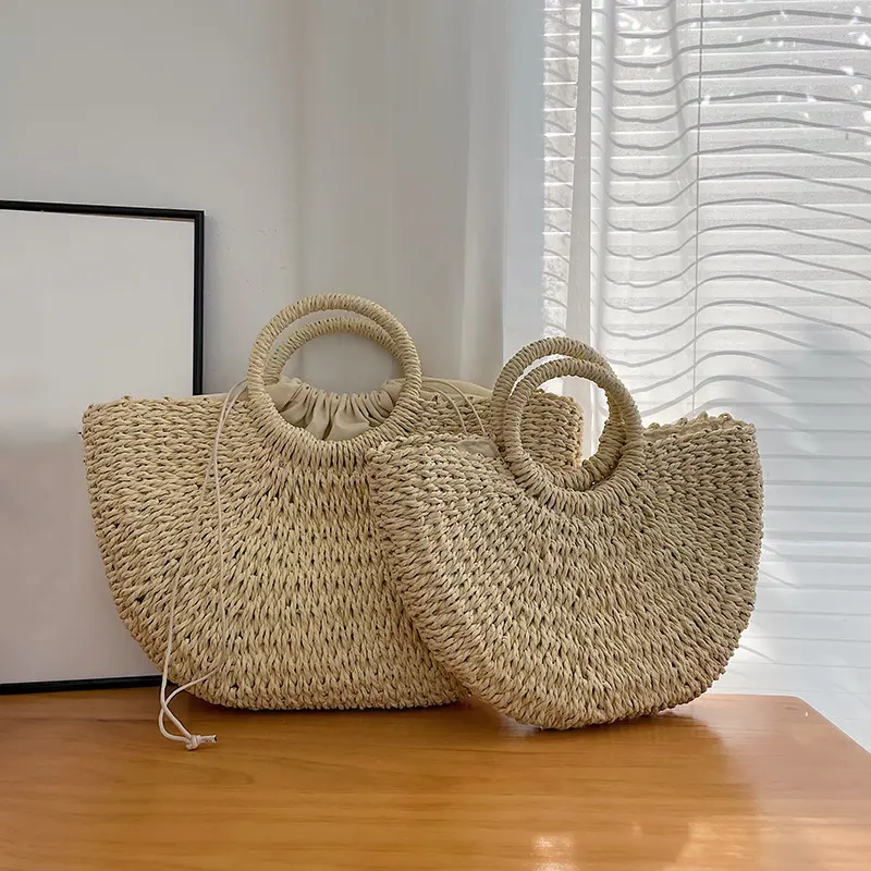 Straw Plaited Tote Bag for Women Semi-circle Woven Round Bucket Bag New Boho Handmade Basket Rattan Handbag