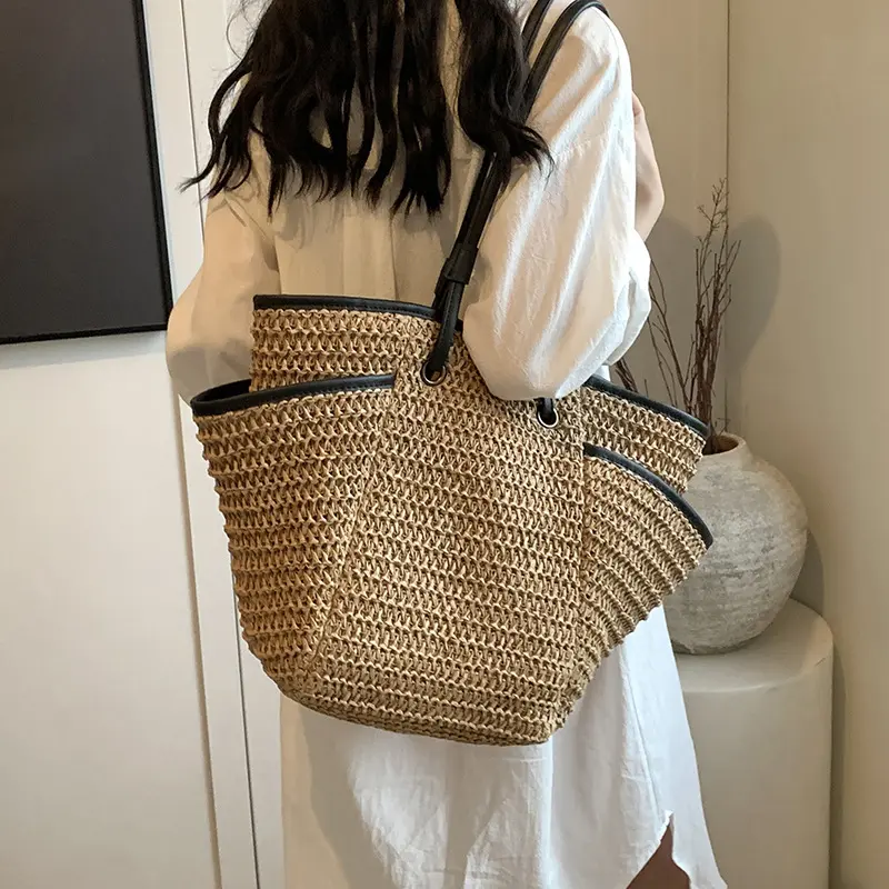 Large Capacity Straw Shoulder Bags Simple Versatile Braid Zipper Bags for Women High Quality Casual Beach Tote