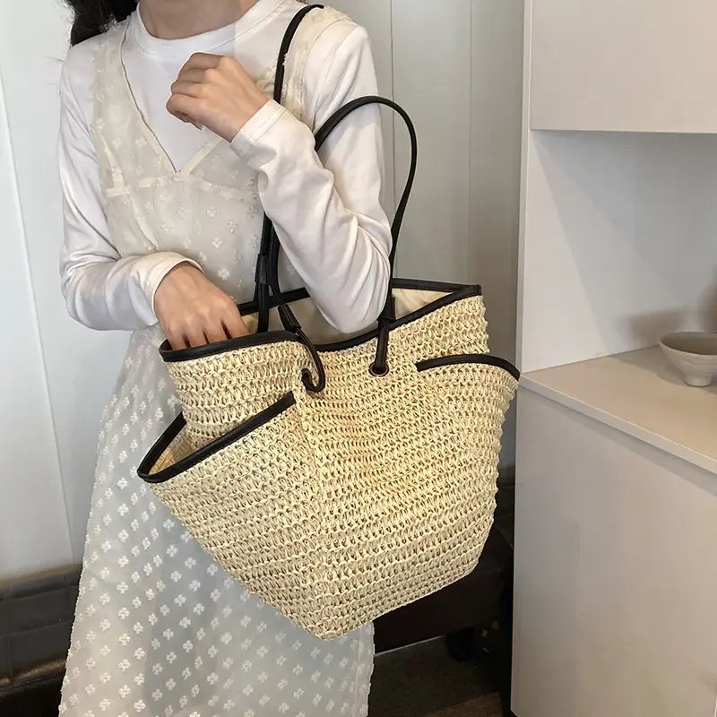 Large Capacity Straw Shoulder Bags Simple Versatile Braid Zipper Bags for Women High Quality Casual Beach Tote
