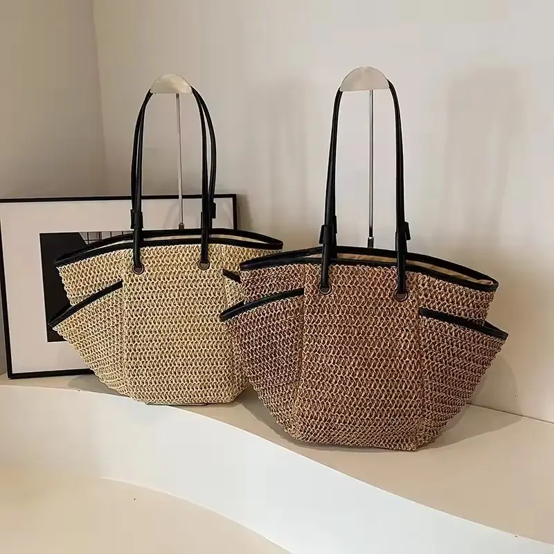 Large Capacity Straw Shoulder Bags Simple Versatile Braid Zipper Bags for Women High Quality Casual Beach Tote