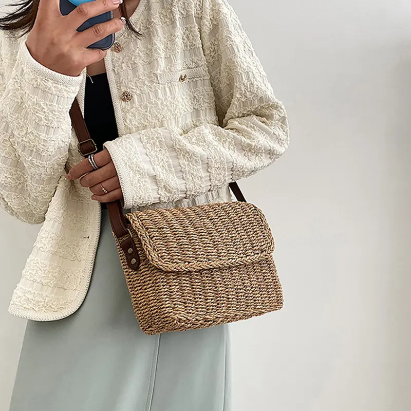 Women Weave Straw Bag Shoulder Bag Vintage Small Square Satchel Bag Adjustable Strap Handmade Chic Hobo Bag