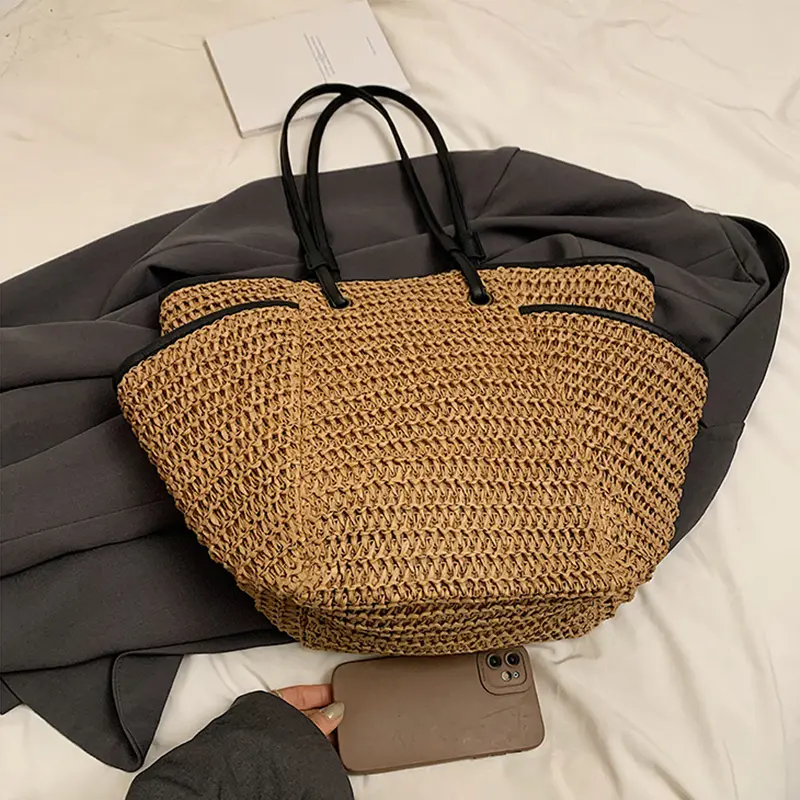 Large Capacity Straw Shoulder Bags Simple Versatile Braid Zipper Bags for Women High Quality Casual Beach Tote