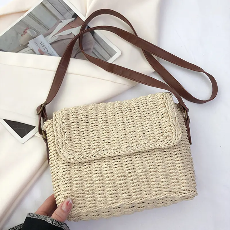 Women Weave Straw Bag Shoulder Bag Vintage Small Square Satchel Bag Adjustable Strap Handmade Chic Hobo Bag