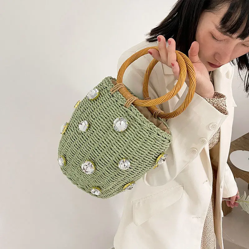 Women Handmade Rhinestone Crystal Embellished Design Straw Bag Casual Bucket Handbag Lady Bohemian Beach Travel Round Tote Purse