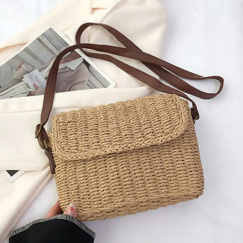 Women Weave Straw Bag Shoulder Bag Vintage Small Square Satchel Bag Adjustable Strap Handmade Chic Hobo Bag