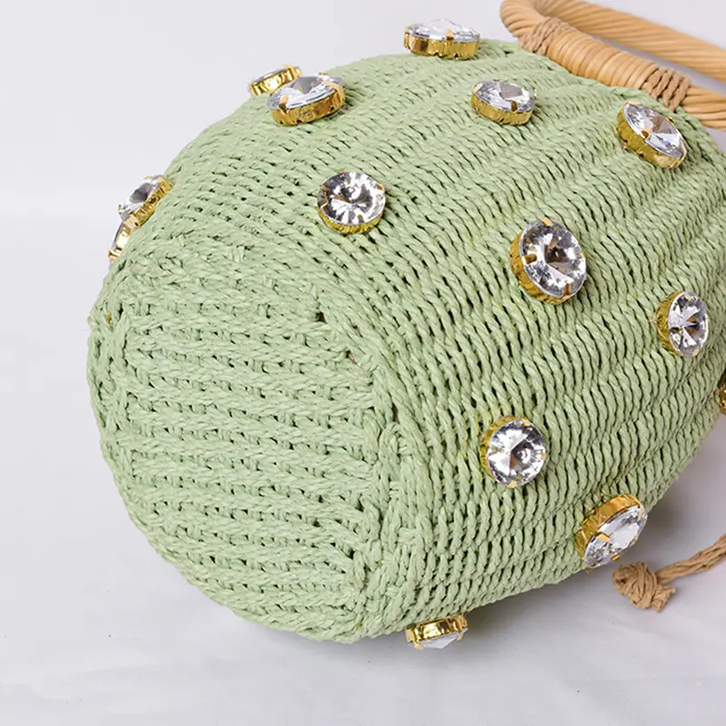 Women Handmade Rhinestone Crystal Embellished Design Straw Bag Casual Bucket Handbag Lady Bohemian Beach Travel Round Tote Purse
