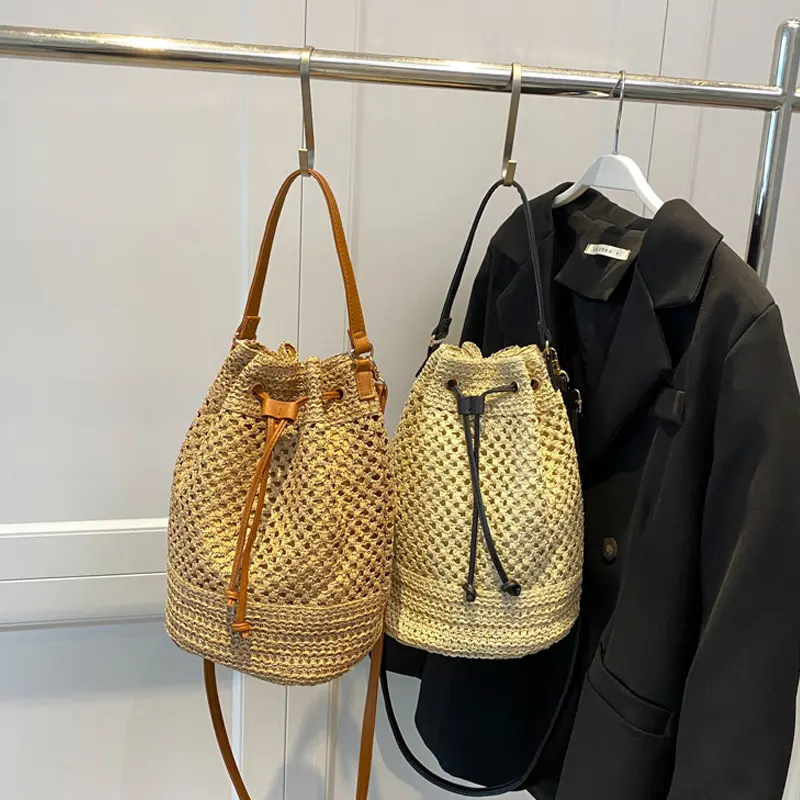 Handmade Women's Summer Straw Beach Shoulder Bag Woven Hollow Drawstring Shoulder Bags Fashion Design Travel Handbag