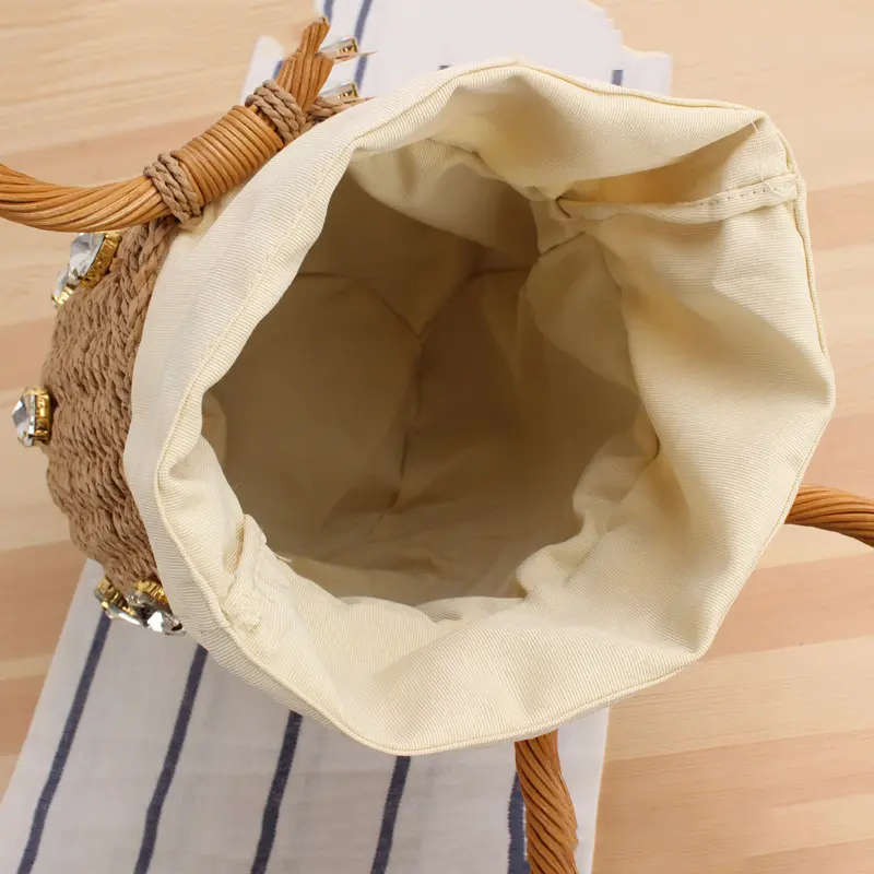 Women Handmade Rhinestone Crystal Embellished Design Straw Bag Casual Bucket Handbag Lady Bohemian Beach Travel Round Tote Purse
