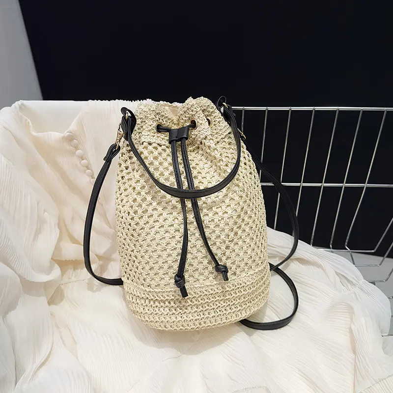 Handmade Women's Summer Straw Beach Shoulder Bag Woven Hollow Drawstring Shoulder Bags Fashion Design Travel Handbag
