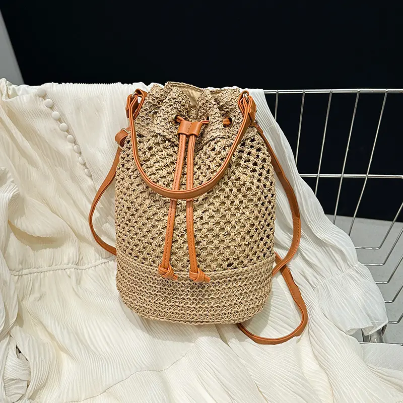 Handmade Women's Summer Straw Beach Shoulder Bag Woven Hollow Drawstring Shoulder Bags Fashion Design Travel Handbag