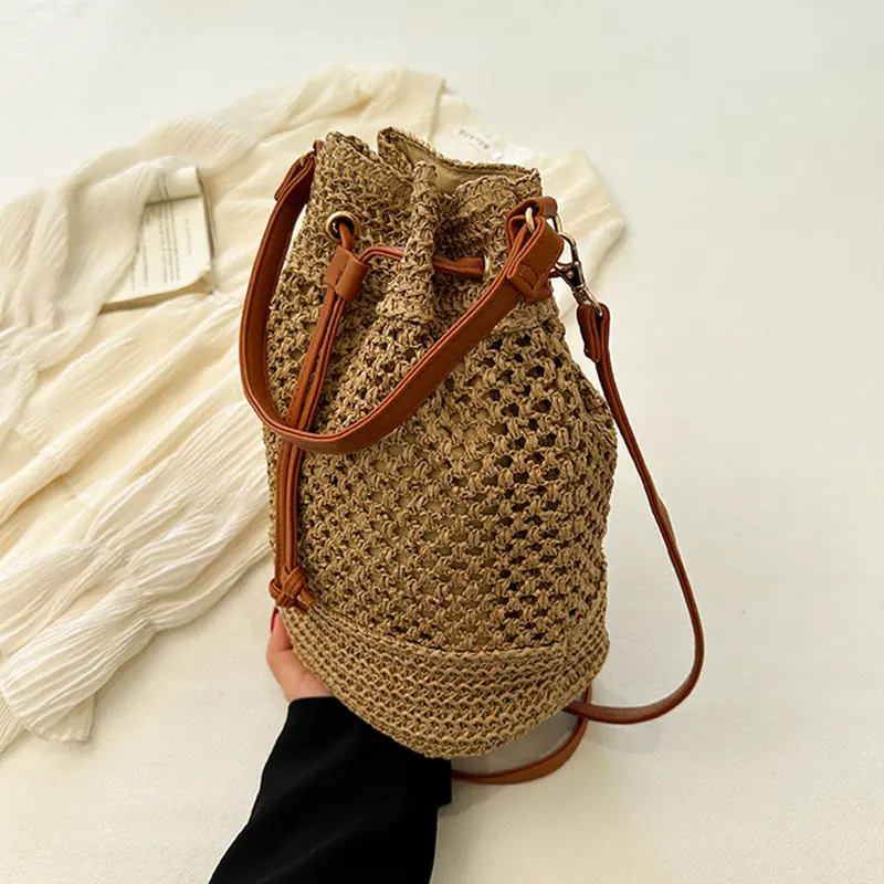 Handmade Women's Summer Straw Beach Shoulder Bag Woven Hollow Drawstring Shoulder Bags Fashion Design Travel Handbag