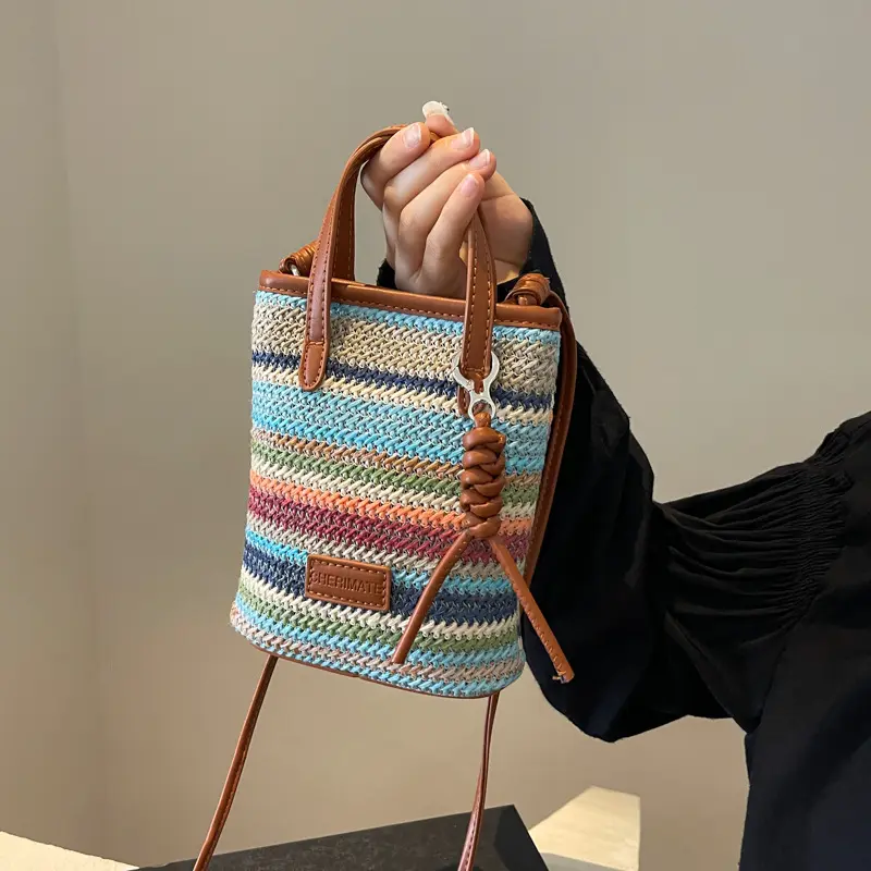 Small Bag Women's Summer New Popular Versatile Contrasting Color Straw Messenger Bag Casual Fashion Shoulder Bucket Bag