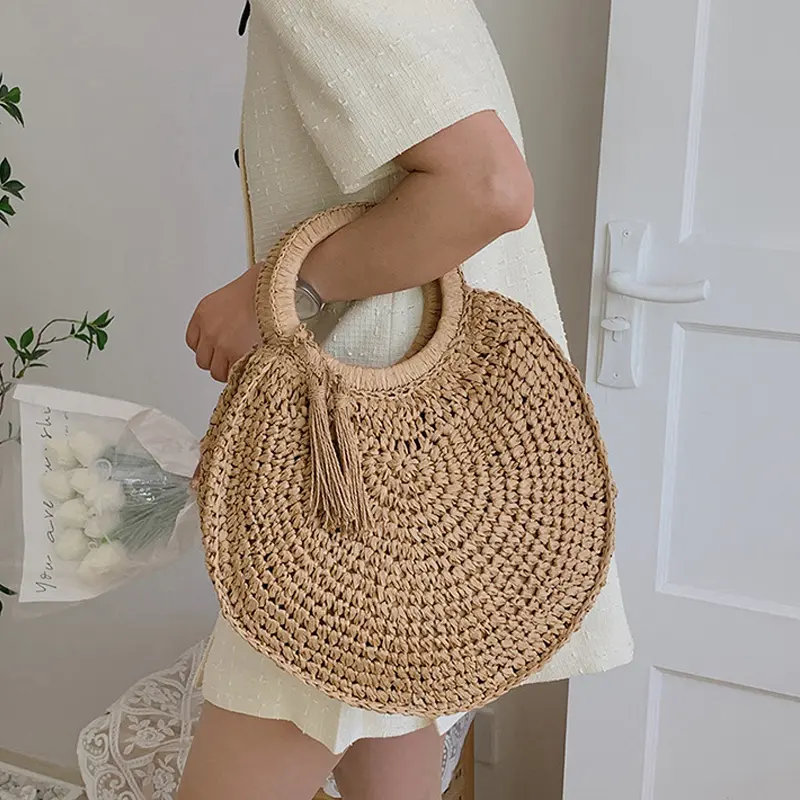 Straw Woven Bag Rattan Fashion Tassel Handbag For Women Large Capacity Shoulder Beach Bag Ladies Wood Handle Shopper Totes