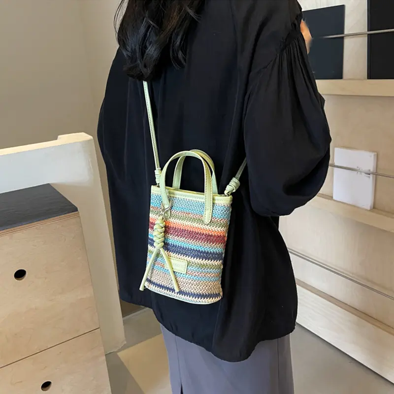 Small Bag Women's Summer New Popular Versatile Contrasting Color Straw Messenger Bag Casual Fashion Shoulder Bucket Bag