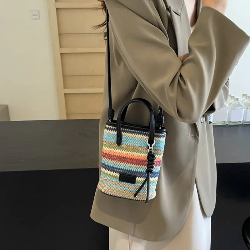Small Bag Women's Summer New Popular Versatile Contrasting Color Straw Messenger Bag Casual Fashion Shoulder Bucket Bag