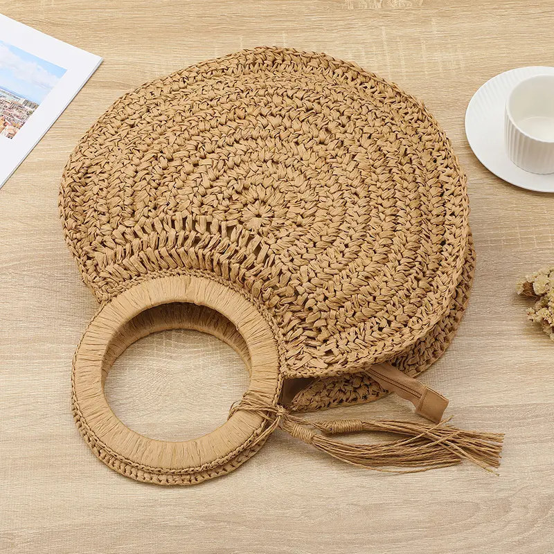 Straw Woven Bag Rattan Fashion Tassel Handbag For Women Large Capacity Shoulder Beach Bag Ladies Wood Handle Shopper Totes