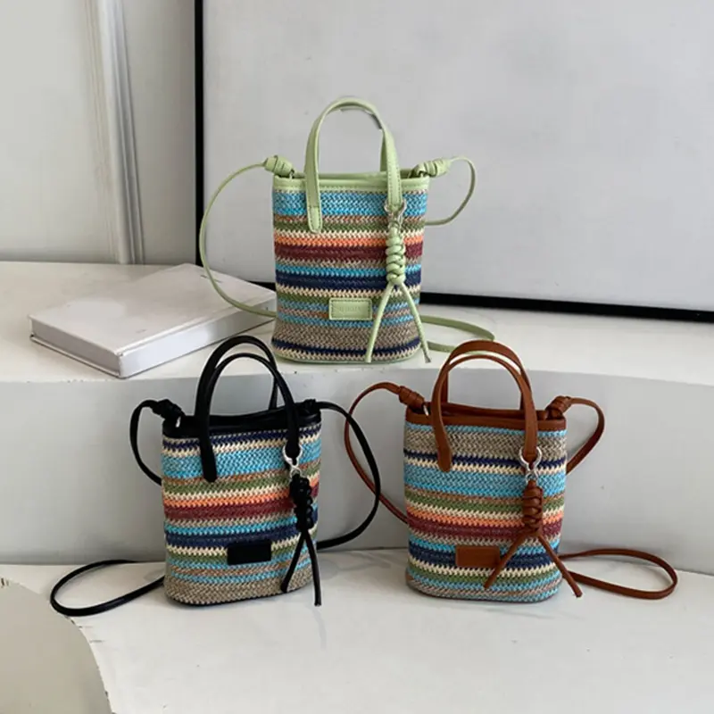 Small Bag Women's Summer New Popular Versatile Contrasting Color Straw Messenger Bag Casual Fashion Shoulder Bucket Bag