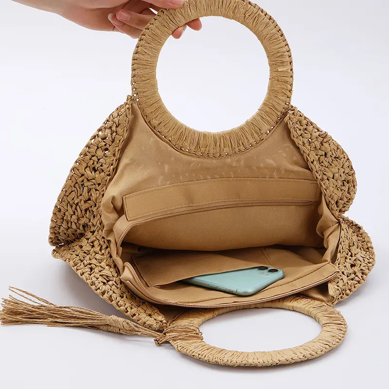 Straw Woven Bag Rattan Fashion Tassel Handbag For Women Large Capacity Shoulder Beach Bag Ladies Wood Handle Shopper Totes
