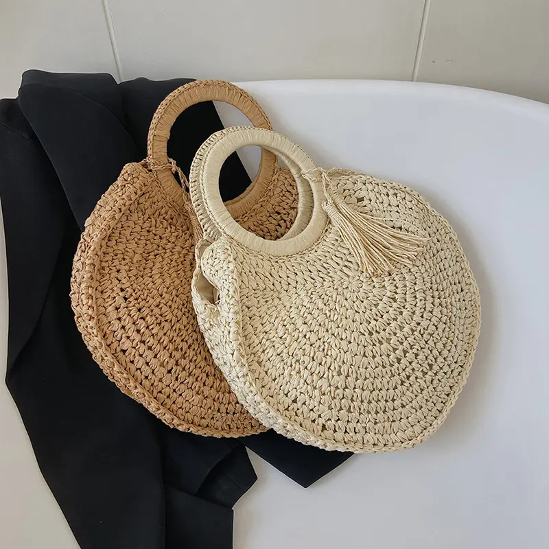Straw Woven Bag Rattan Fashion Tassel Handbag For Women Large Capacity Shoulder Beach Bag Ladies Wood Handle Shopper Totes