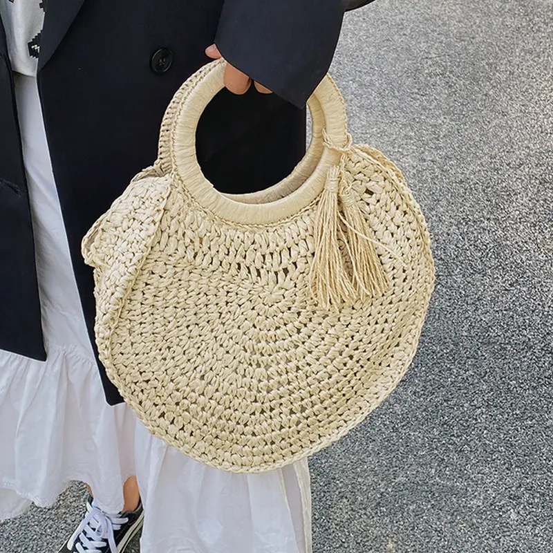 Straw Woven Bag Rattan Fashion Tassel Handbag For Women Large Capacity Shoulder Beach Bag Ladies Wood Handle Shopper Totes