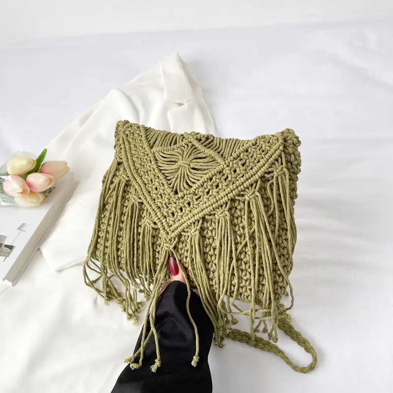 Handmade Cotton Woven Tassel Shoulder Crossbody Bag Vintage Messenger Bag Women Fashion Beach Summer Knitted Handbags Purse