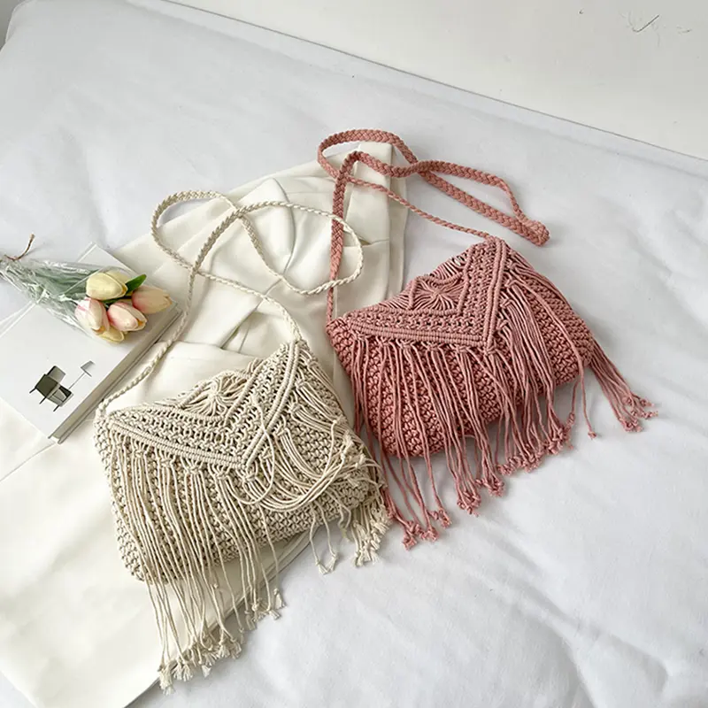 Handmade Cotton Woven Tassel Shoulder Crossbody Bag Vintage Messenger Bag Women Fashion Beach Summer Knitted Handbags Purse