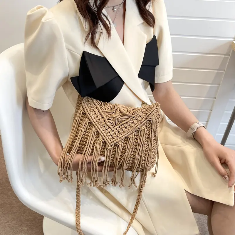 Handmade Cotton Woven Tassel Shoulder Crossbody Bag Vintage Messenger Bag Women Fashion Beach Summer Knitted Handbags Purse