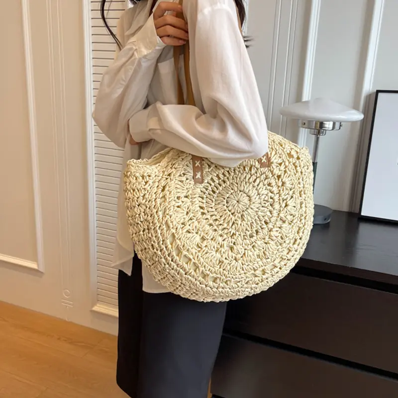 Women Boho Woven Handbag Summer Beach Tote Straw Bag Round Rattan Shoulder Bag