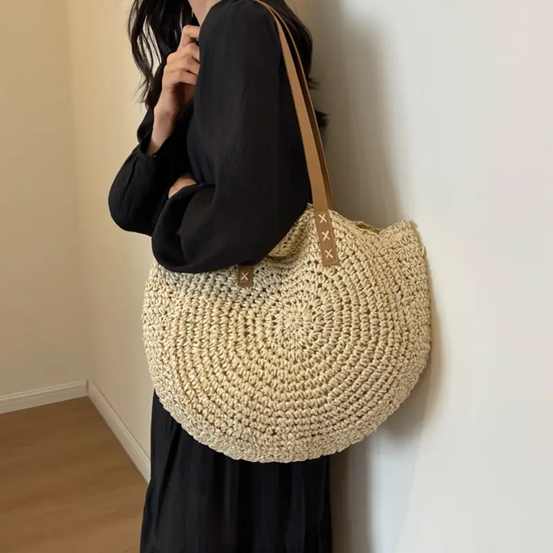 Women Boho Woven Handbag Summer Beach Tote Straw Bag Round Rattan Shoulder Bag