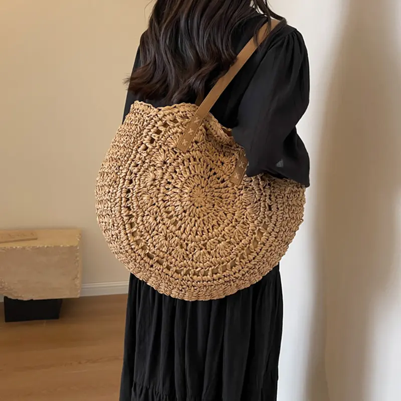 Women Boho Woven Handbag Summer Beach Tote Straw Bag Round Rattan Shoulder Bag
