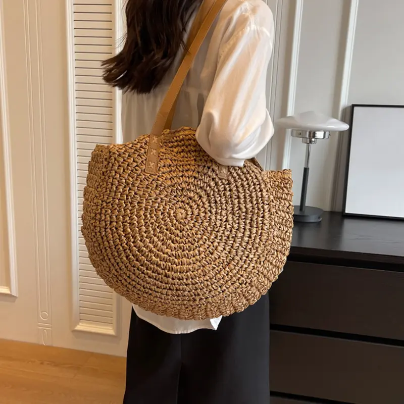 Women Boho Woven Handbag Summer Beach Tote Straw Bag Round Rattan Shoulder Bag