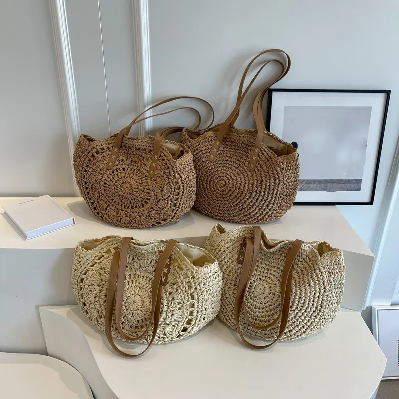 Women Boho Woven Handbag Summer Beach Tote Straw Bag Round Rattan Shoulder Bag