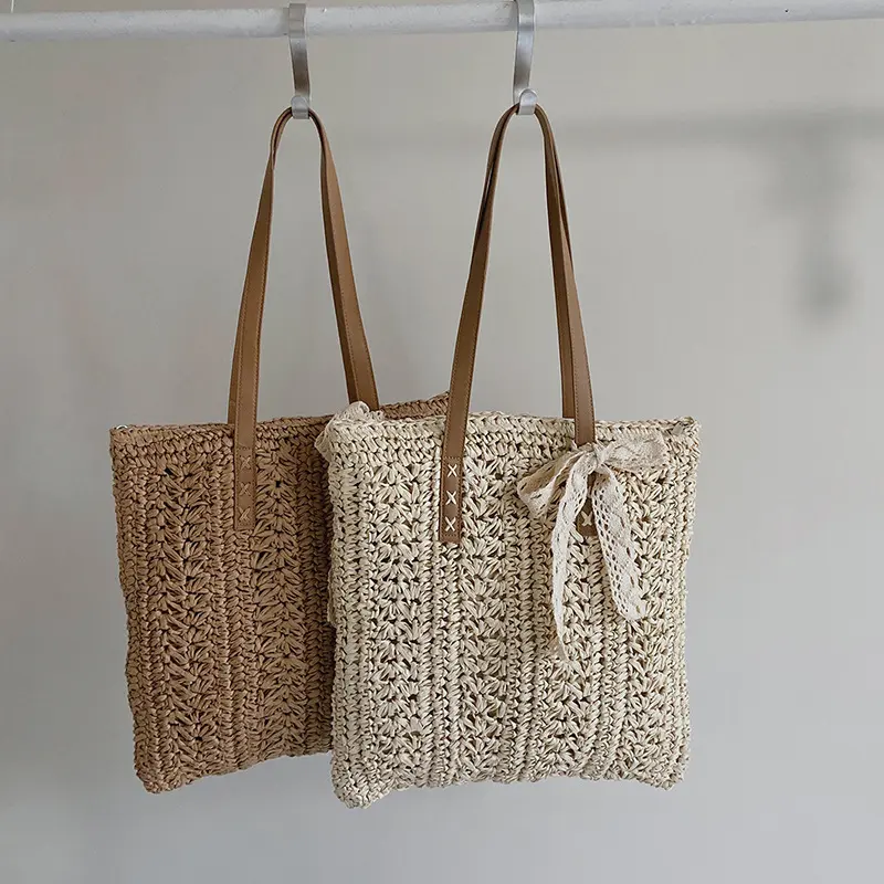 Square Hollow Straw Beach Bag Handmade Woven Shoulder Bag Raffia Rattan Travel Shopping Bag For Women Bohemian Summer Totes