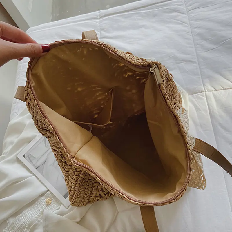 Square Hollow Straw Beach Bag Handmade Woven Shoulder Bag Raffia Rattan Travel Shopping Bag For Women Bohemian Summer Totes