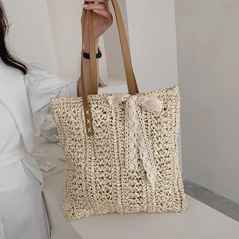 Square Hollow Straw Beach Bag Handmade Woven Shoulder Bag Raffia Rattan Travel Shopping Bag For Women Bohemian Summer Totes