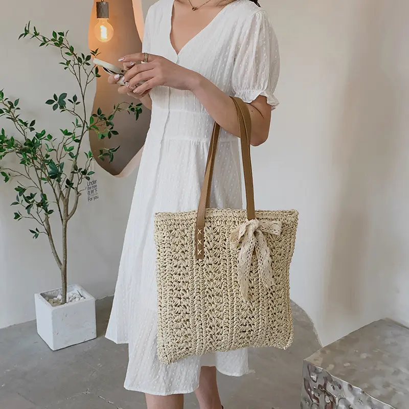 Square Hollow Straw Beach Bag Handmade Woven Shoulder Bag Raffia Rattan Travel Shopping Bag For Women Bohemian Summer Totes