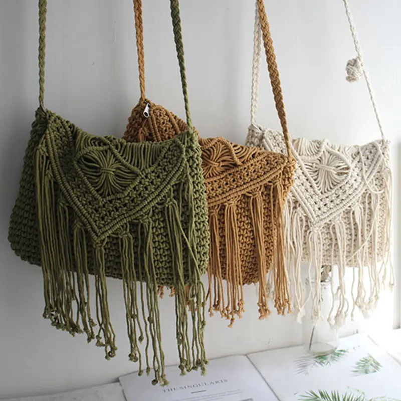 Handmade Cotton Woven Knitted Tassel Crossbody Bag Vintage Shoulder Messenger Bag Female Fashion Beach Summer Handbags for Women