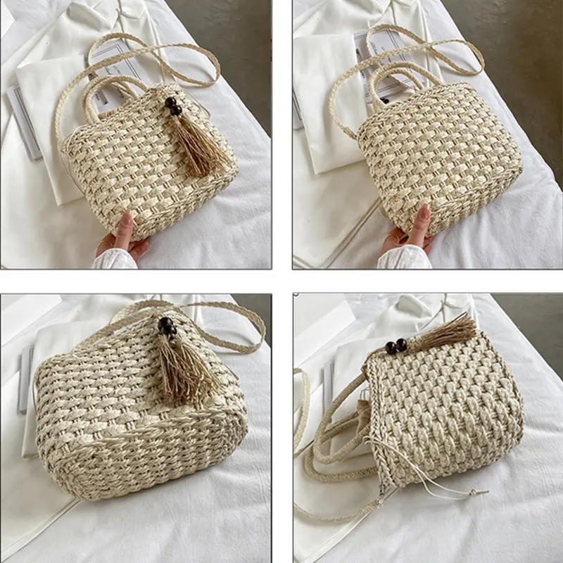 Women Handbags Straw Rattan Woven Crossbody Bag Summer Bohemia Beach Tassel Design Basket Bag Fashion Shoulder Messenger Bag