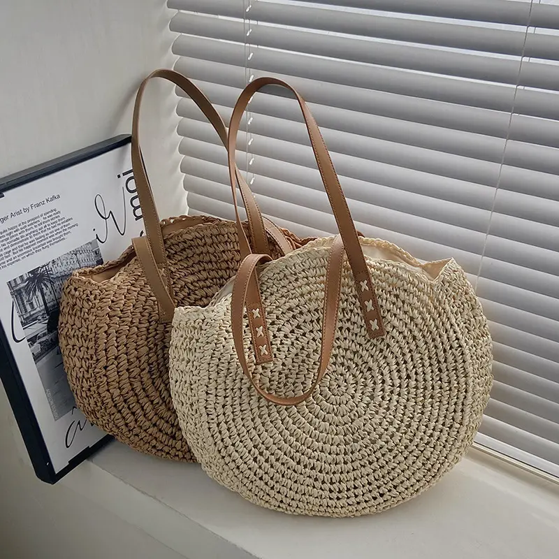 Summer Round Straw Shoulder Bags for Women Rattan Handmade Woven Beach Handbags Female Travel Casual Large Capacity Shopper Tote