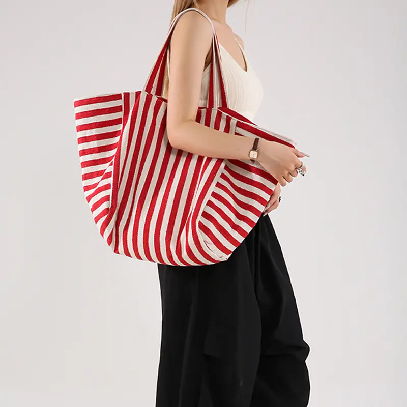 Women Striped Tote Bag Simple Shopping Bag Large Capacity Shoulder Bag Canvas Stylish Crossbody Bag Daily Commuting Bag