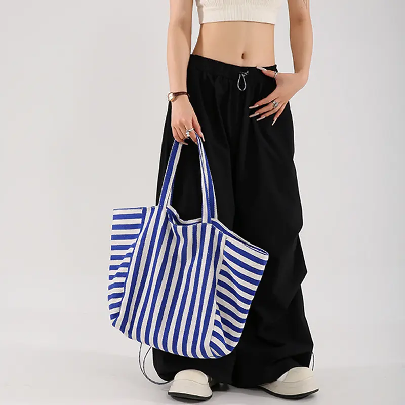 Women Striped Tote Bag Simple Shopping Bag Large Capacity Shoulder Bag Canvas Stylish Crossbody Bag Daily Commuting Bag