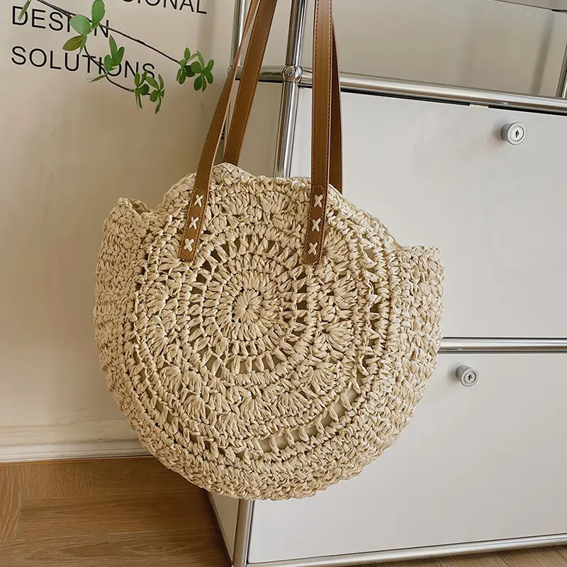 Summer Round Straw Shoulder Bags for Women Rattan Handmade Woven Beach Handbags Female Travel Casual Large Capacity Shopper Tote
