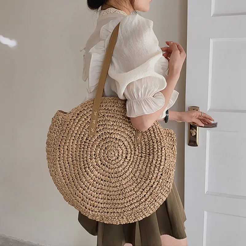 Summer Round Straw Shoulder Bags for Women Rattan Handmade Woven Beach Handbags Female Travel Casual Large Capacity Shopper Tote