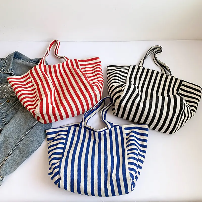 Women Striped Tote Bag Simple Shopping Bag Large Capacity Shoulder Bag Canvas Stylish Crossbody Bag Daily Commuting Bag