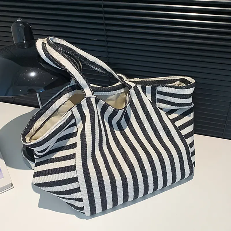 Women Striped Tote Bag Simple Shopping Bag Large Capacity Shoulder Bag Canvas Stylish Crossbody Bag Daily Commuting Bag