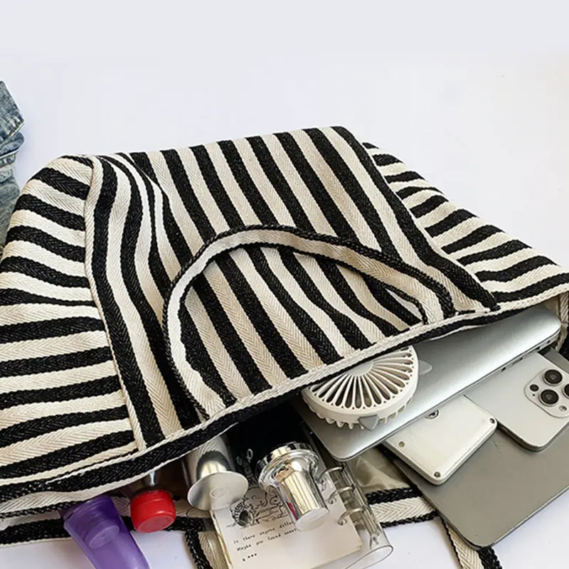 Women Striped Tote Bag Simple Shopping Bag Large Capacity Shoulder Bag Canvas Stylish Crossbody Bag Daily Commuting Bag