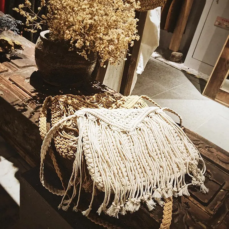 Summer Straw Woven Bags For Women Handmade Tassel Beach Crossbody Bag Raffia Rattan Knitted Travel Shoulder Messenger Bags Purse