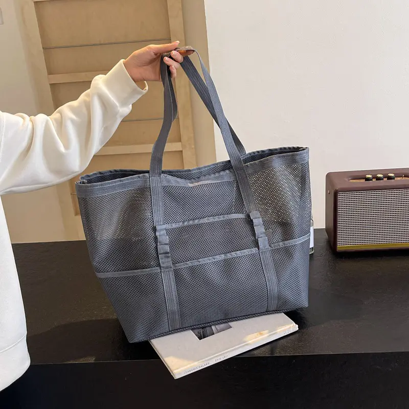 Traveling Bathroom Wash Stylish Beach Bag Mesh Shoulder Tote Bag for Women Swimming Large Capacity Clothing Storage Handbags