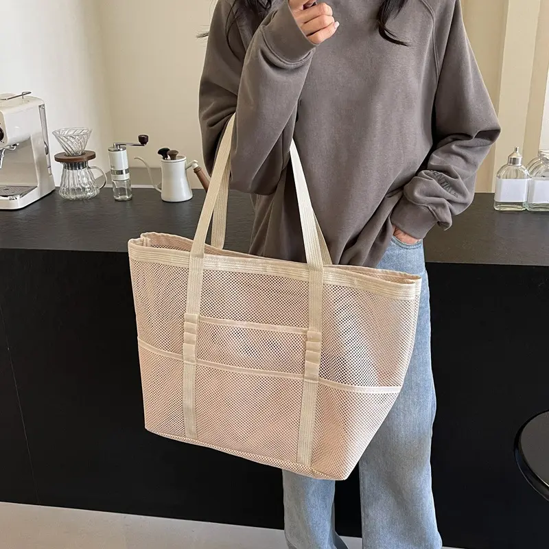 Traveling Bathroom Wash Stylish Beach Bag Mesh Shoulder Tote Bag for Women Swimming Large Capacity Clothing Storage Handbags