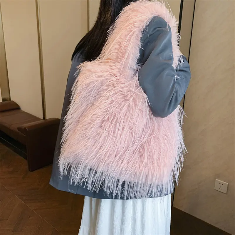 Women Fluffy Shoulder Bag Soft Versatile Shopping Bag Large Capacity Faux Fur Solid Color Girls Winter Tote Handbags